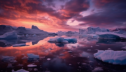 Icebergs floating in arctic waters under a twilight sky.