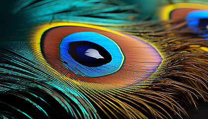 A vibrant peacock feather under macroscopic view.