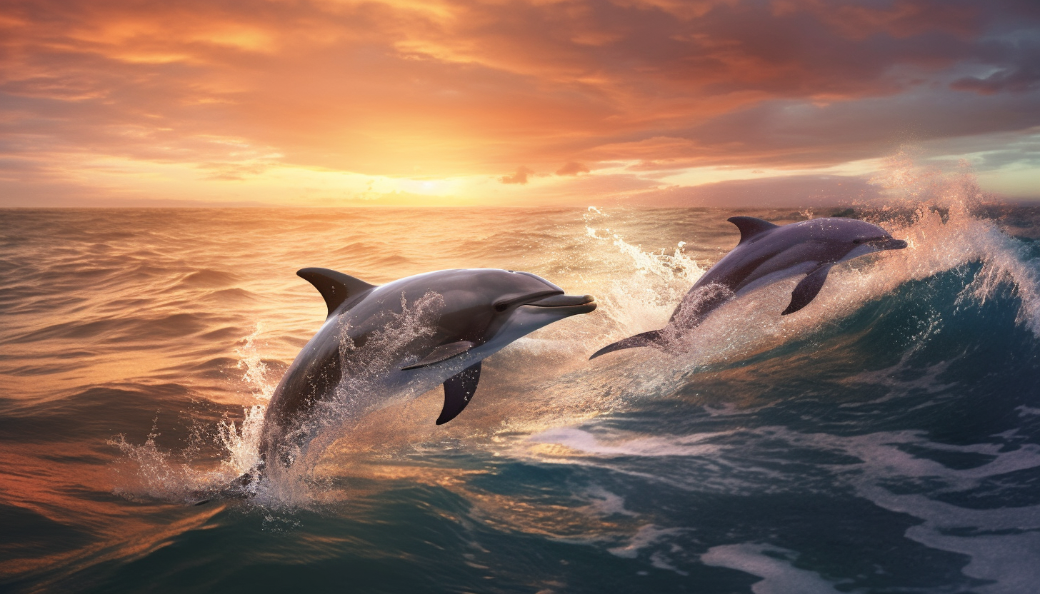 A pod of dolphins leaping in synchrony in the open ocean.