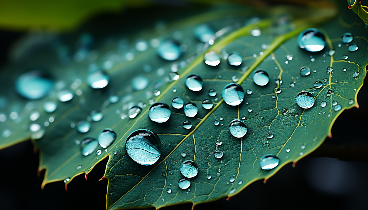 Dewdrops magnifying the vibrant veins of a leaf in a macro shot.