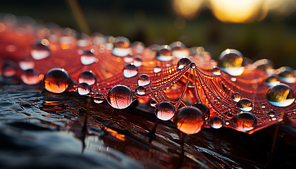 Close-up of dew drops on a spider's web, reflecting the colors of a sunrise.