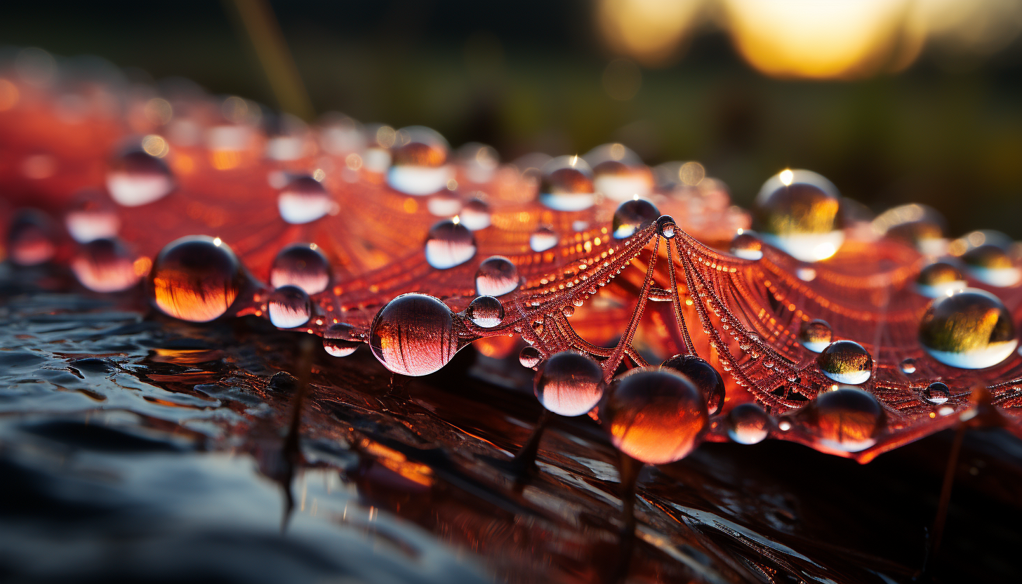 Close-up of dew drops on a spider's web, reflecting the colors of a sunrise.