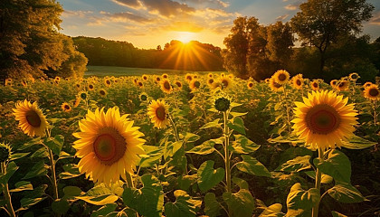 Sun-dappled meadows filled with bright, cheery sunflowers.