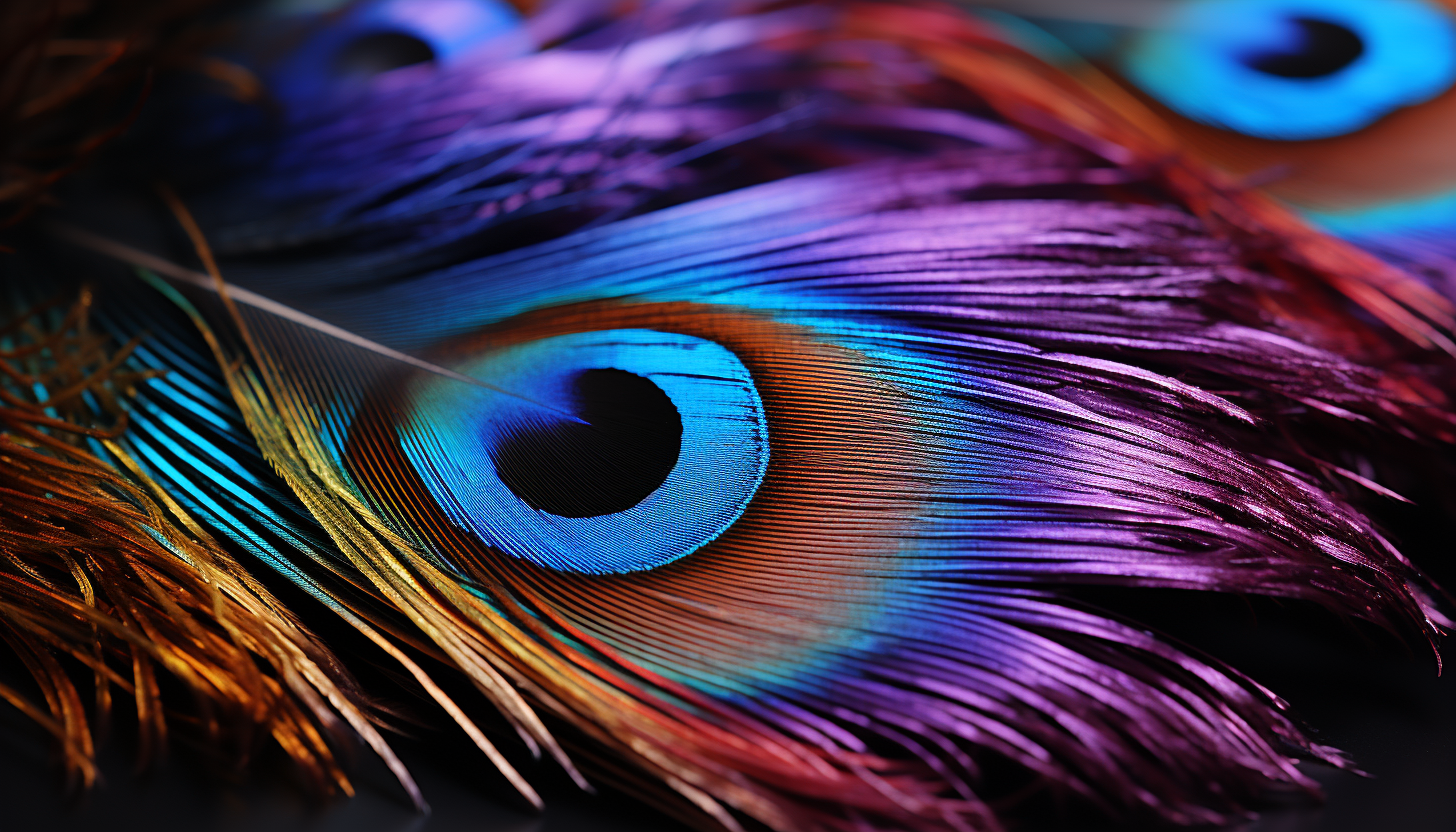 The iridescent sheen of a peacock feather up close.