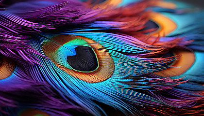 The dazzling colors and patterns of a peacock feather in close detail.