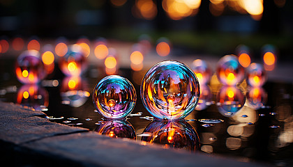 The iridescent surface of a bubble reflecting the light around it.