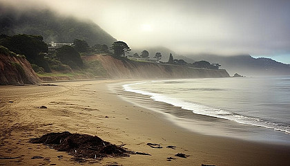 Fog rolling in over a peaceful, deserted beach.