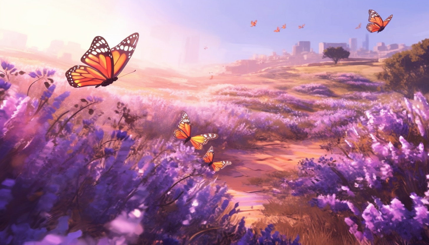 Fluttering butterflies over a field of blooming lavender.