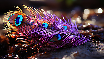 The iridescent sheen of a peacock feather in sunlight.
