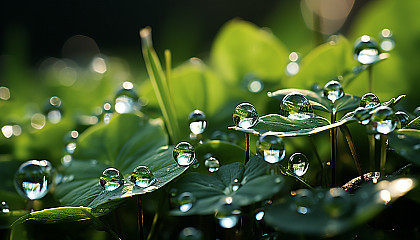 A close-up of dew drops refracting light on a blade of grass.