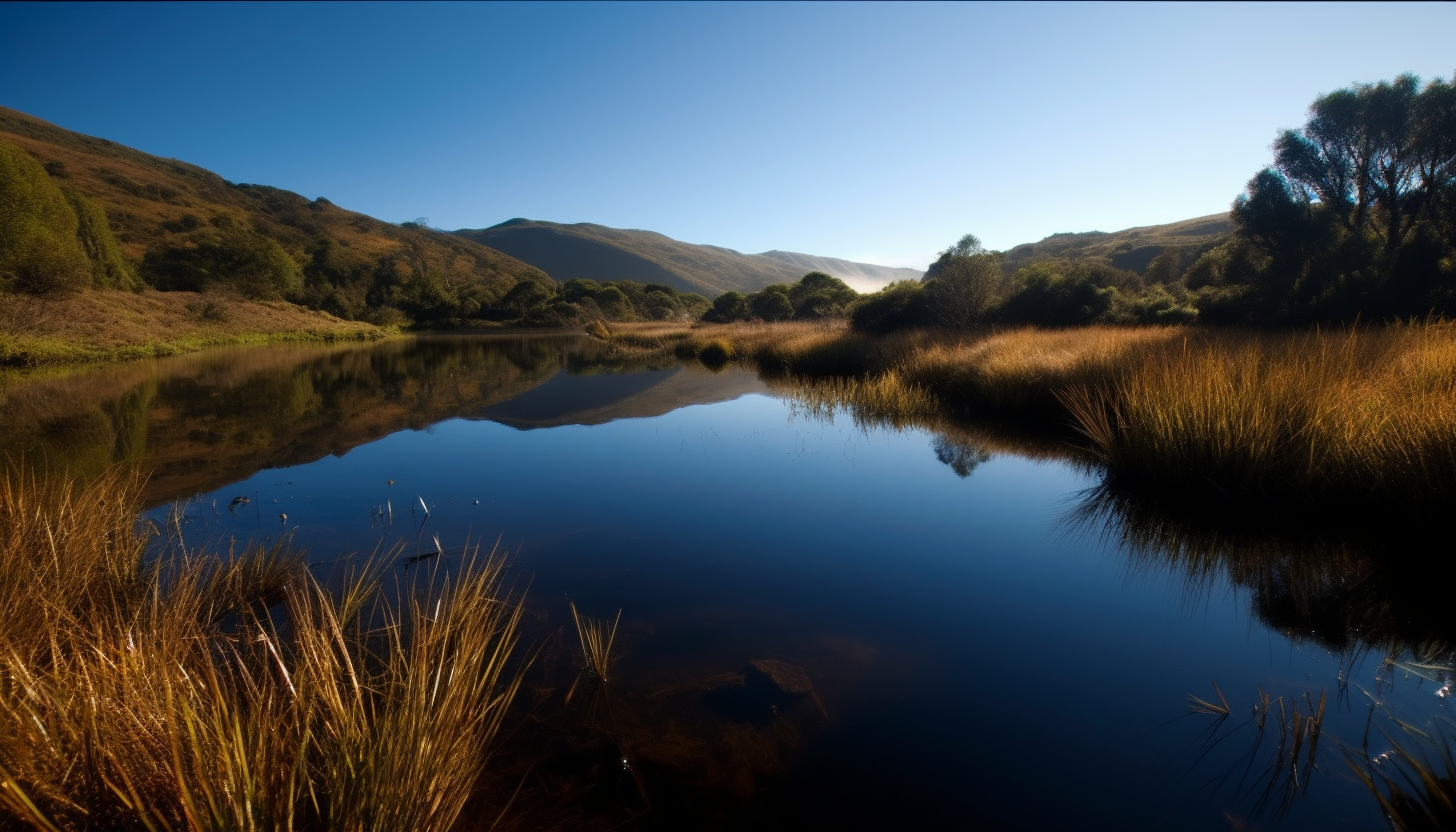 Tranquil lakes reflecting the surrounding landscapes like a mirror.