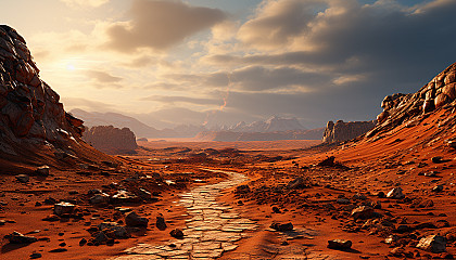 A close-up of the surface of Mars, with its red rocks and dust.