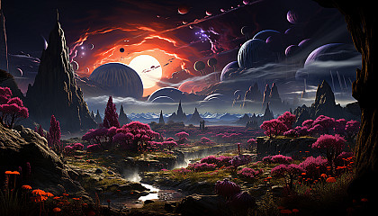 An alien planet's surface, dotted with vibrant, otherworldly flora.