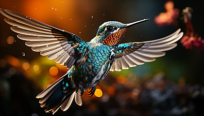 An up-close view of a hummingbird mid-flight, showcasing its colorful plumage.