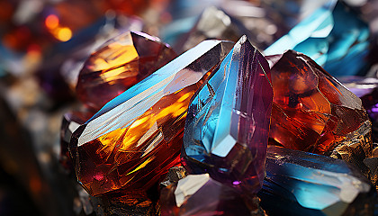 A macro image of a gemstone, highlighting its complex structure and colors.
