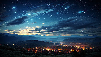 Shooting stars streaking across a clear, moonlit sky.
