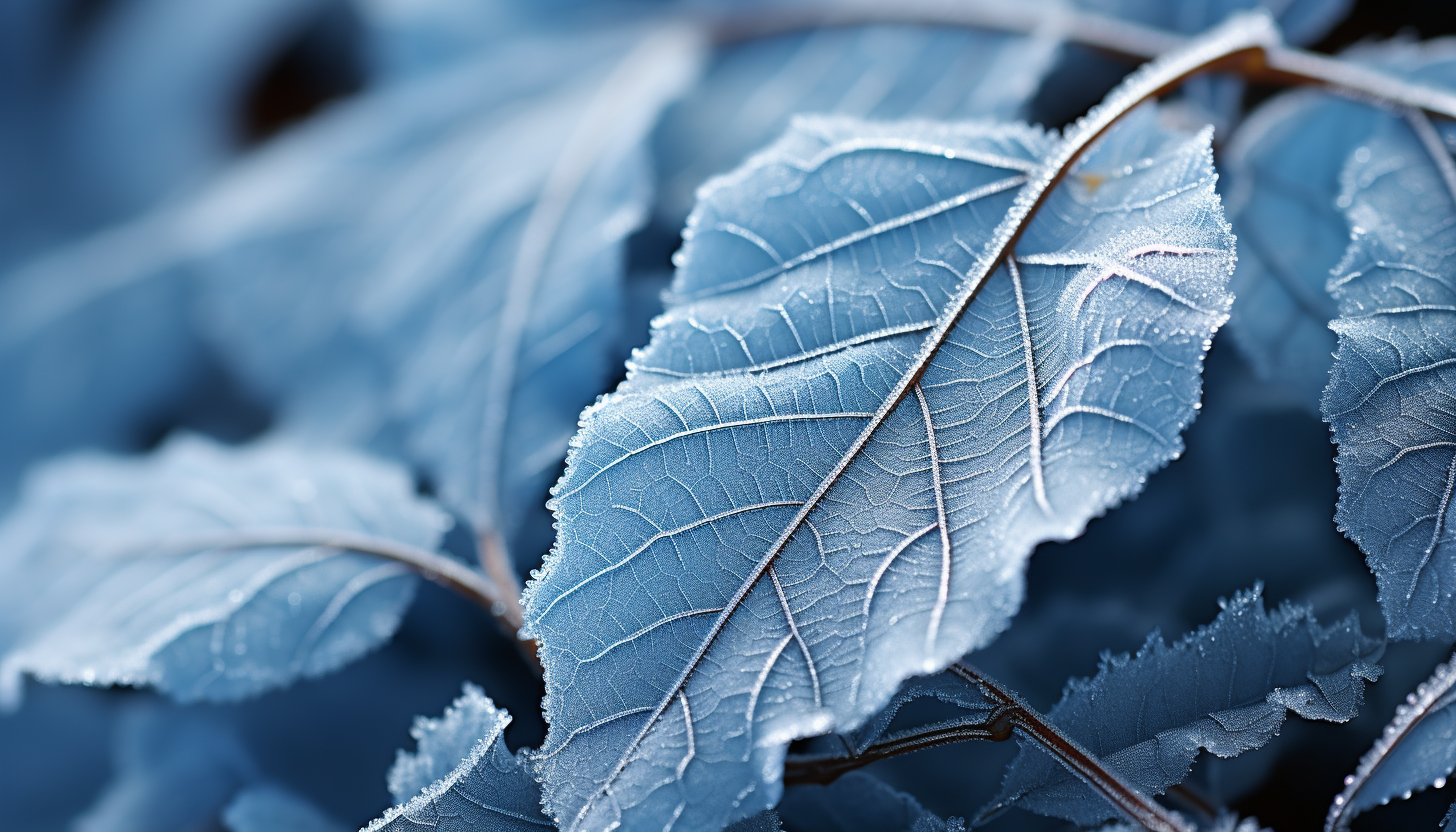 A macro shot of frost patterns on a leaf or window during a cold winter morning.