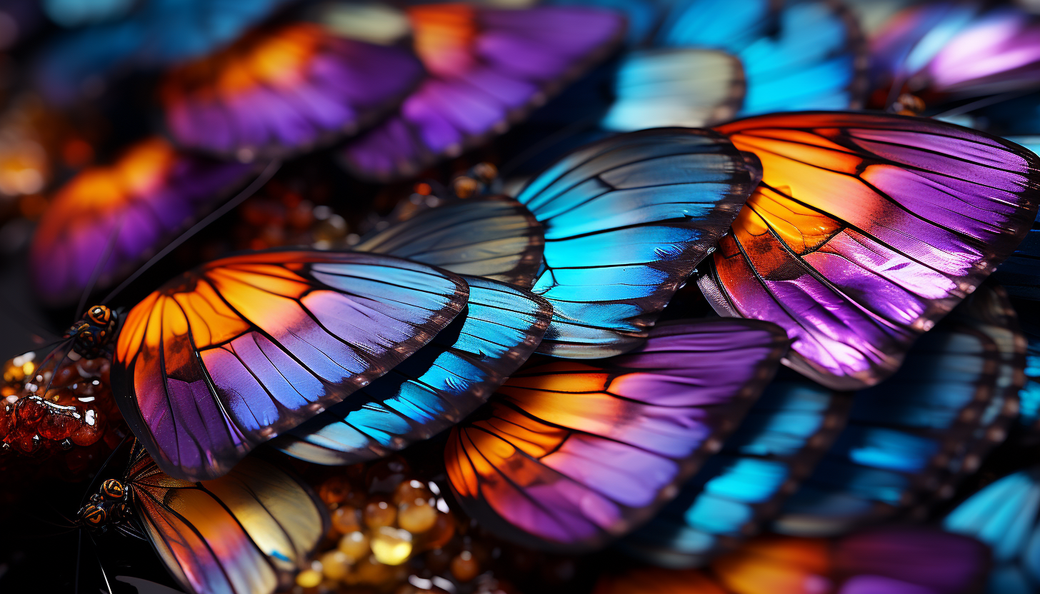 An extreme close-up of the vibrant patterns on a butterfly's wing.