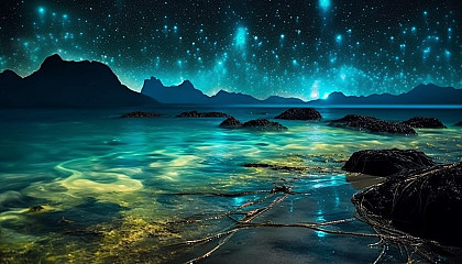 Bioluminescent plankton illuminating a beach at night.