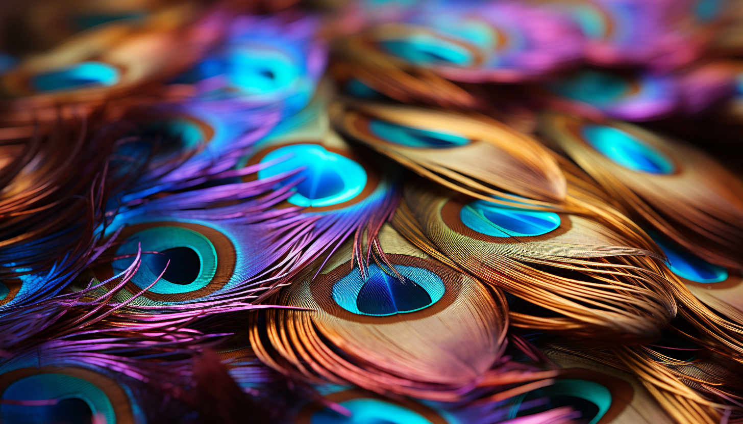 A magnified view of the iridescent scales on a peacock feather.