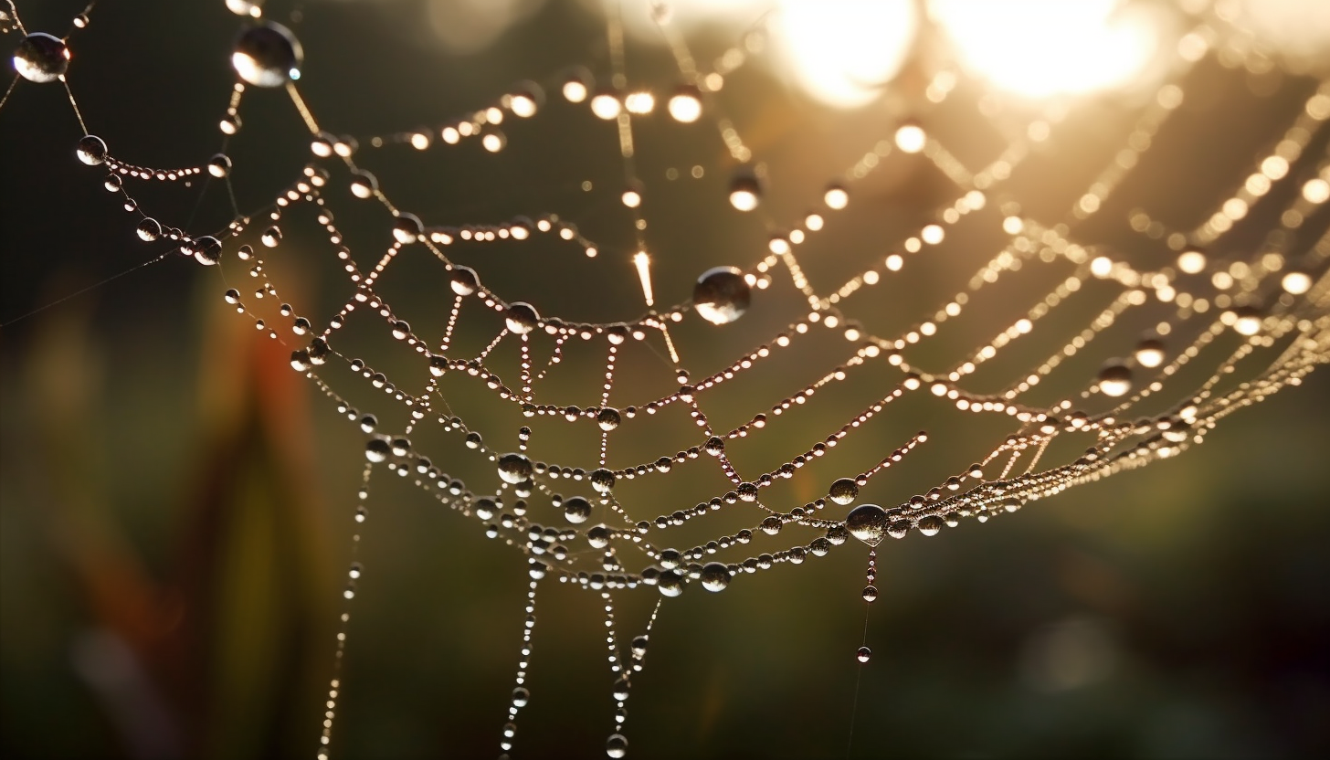 Dew drops glistening on a cobweb in the morning light.