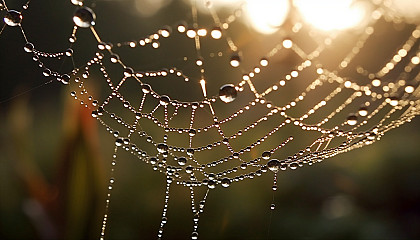 Dew drops glistening on a cobweb in the morning light.