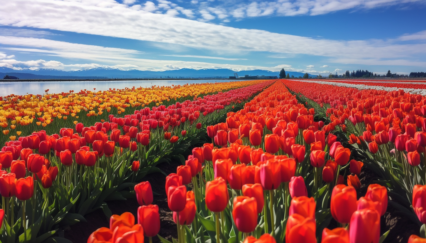 Brightly colored tulip fields under a clear sky.