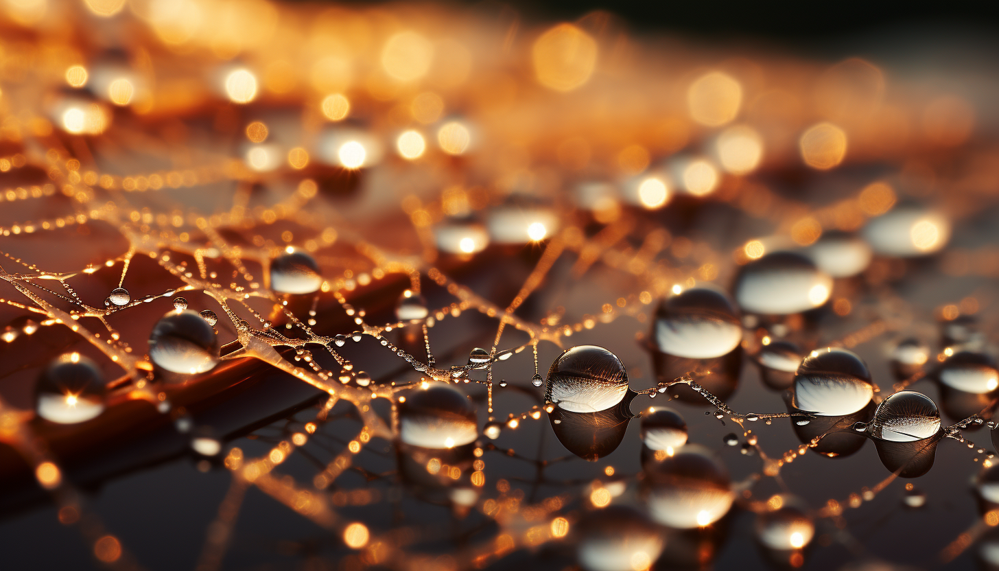 Close-up of dew drops on a spider's web, sparkling in the morning sun.