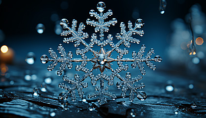 The intricate, geometric pattern of a snowflake up close.