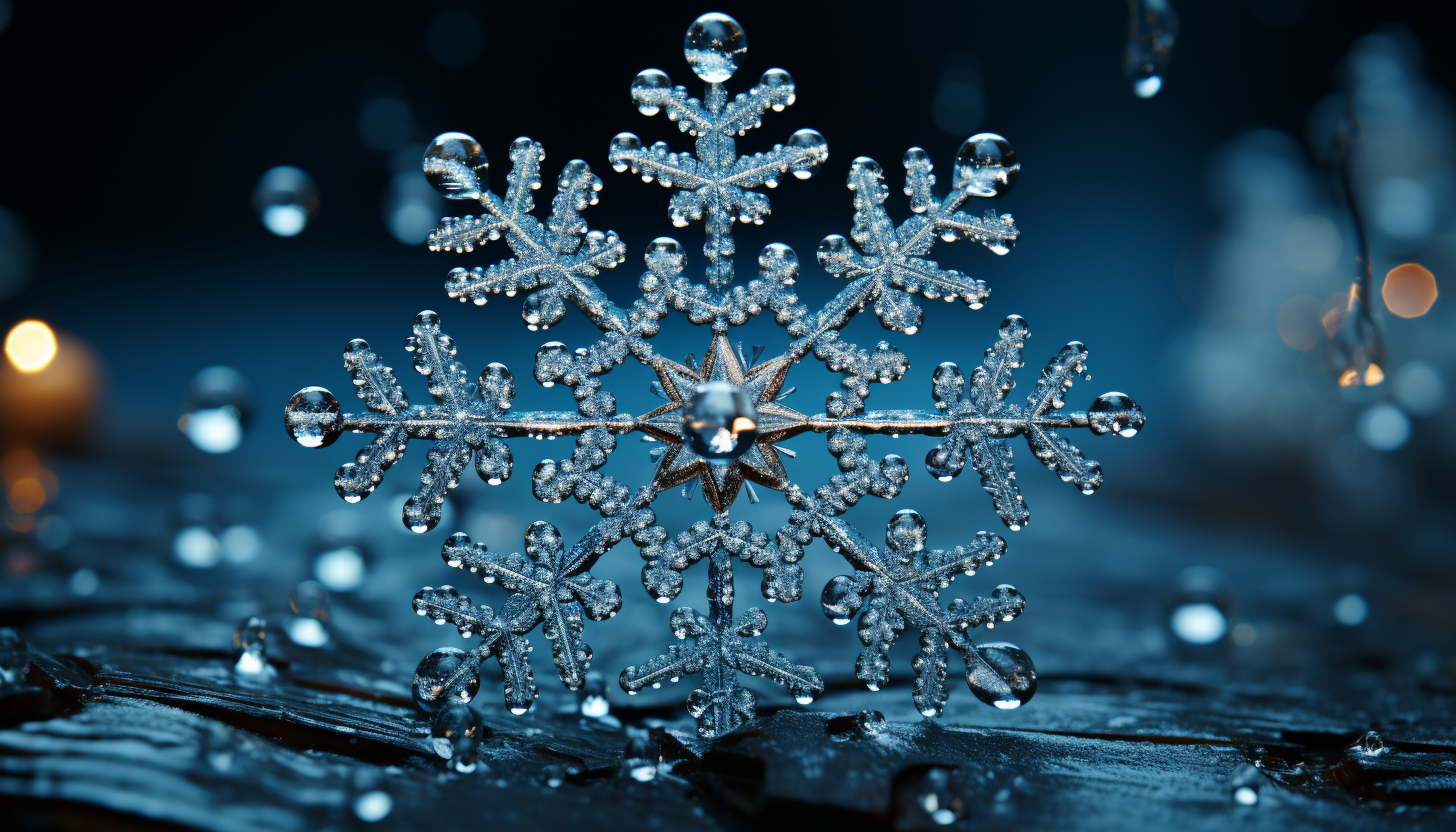 The intricate, geometric pattern of a snowflake up close.