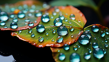 Macro shot of dewdrops on a vibrant leaf, each one reflecting the world around it.