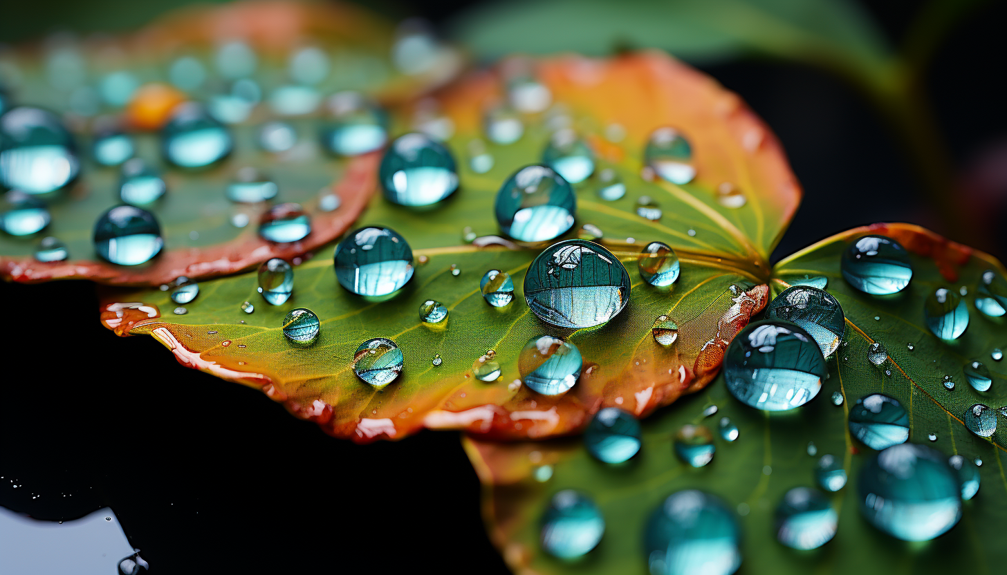 Macro shot of dewdrops on a vibrant leaf, each one reflecting the world around it.